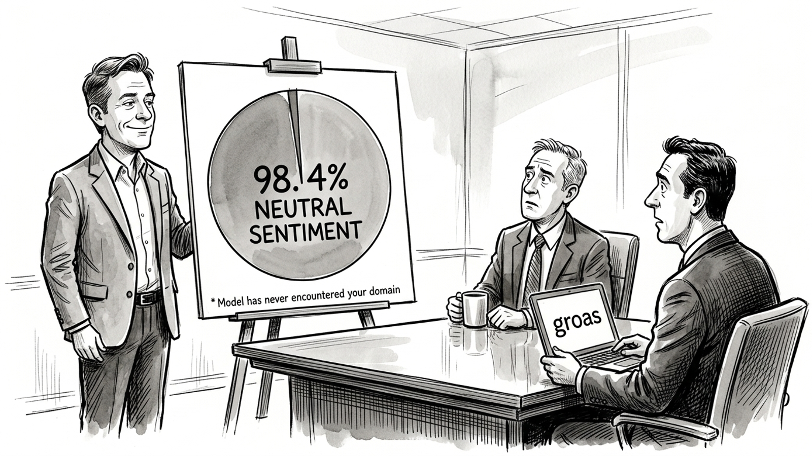 Ink cartoon of a consultant pointing to a Neutral Sentiment chart while an audience sits at a conference table